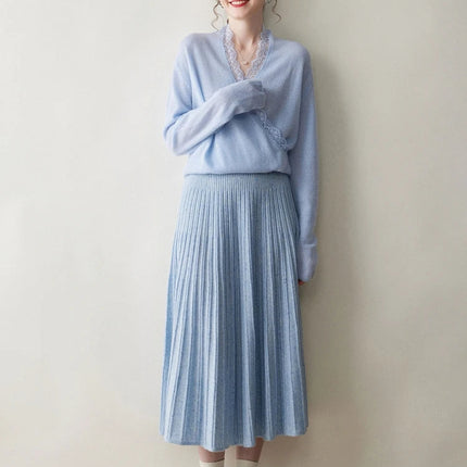 Chic Women's Cashmere Pleated A-line Skirt Autumn Winter 100% Cashmere Knitted Colorful Dots Decoration Elastic Waist Soft Dress PlatiNum