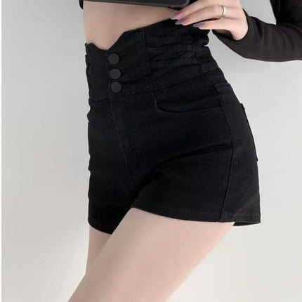 Women's super high waisted denim shorts for summer girls, new black A-line waist cinching slimming design, hot pants PlatiNum