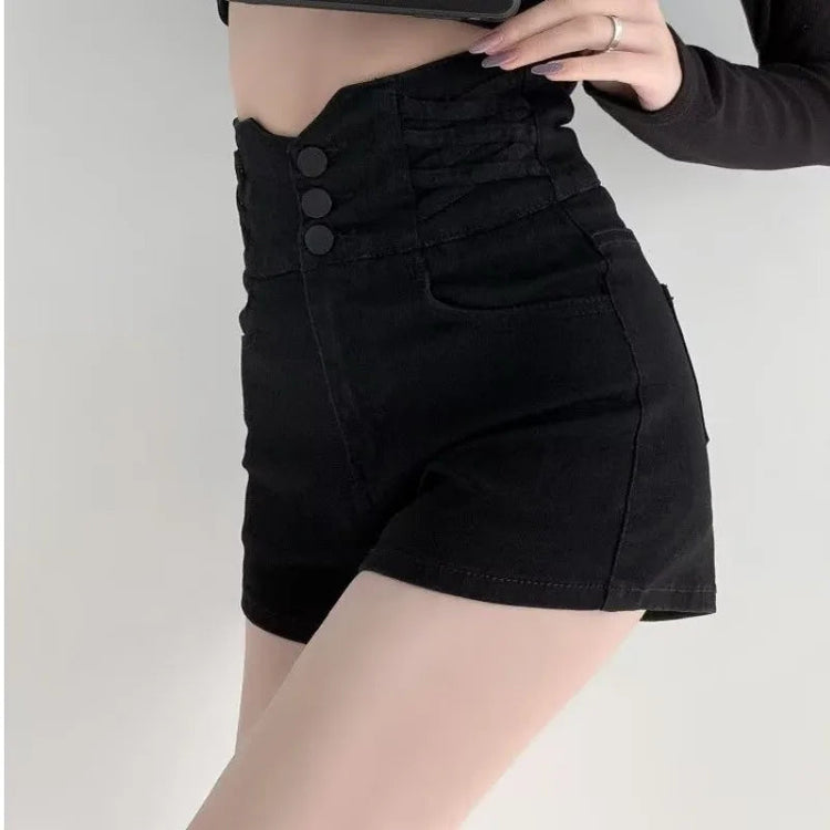 Women's super high waisted denim shorts for summer girls, new black A-line waist cinching slimming design, hot pants PlatiNum