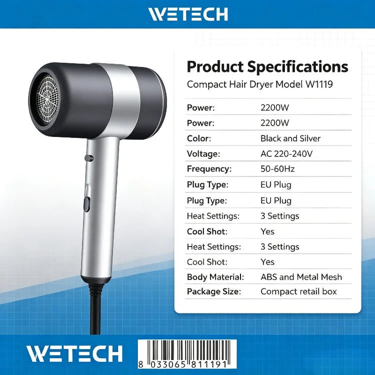 WETECH W1119 2200W Negative Ionic Hair Dryer 220-240V EU Plug Professional Compact Hair Blow Dryer With Concentrator Nozzle Cool Shot Function For Home Travel