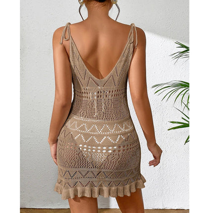 Abito da donna in tinta unita senza maniche con scollo all'americana, per le vacanze estive, bikini lavorato a maglia, copricostume, abiti da spiaggia alla moda senza schienale platinumshop