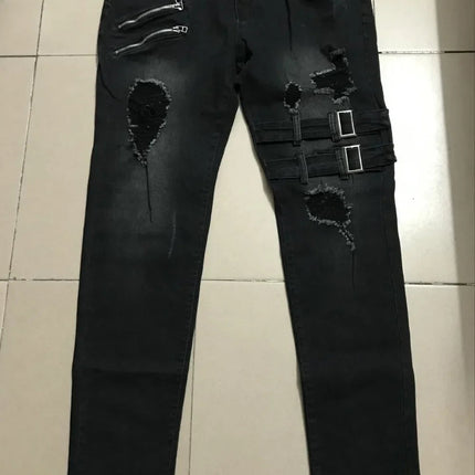 Zipper Decoration Slim Fit Biker Jeans Men Cotton Stretchy Ripped Skinny Jeans High Quality Hip Hop Black Oversize Denim Pants PlatiNum