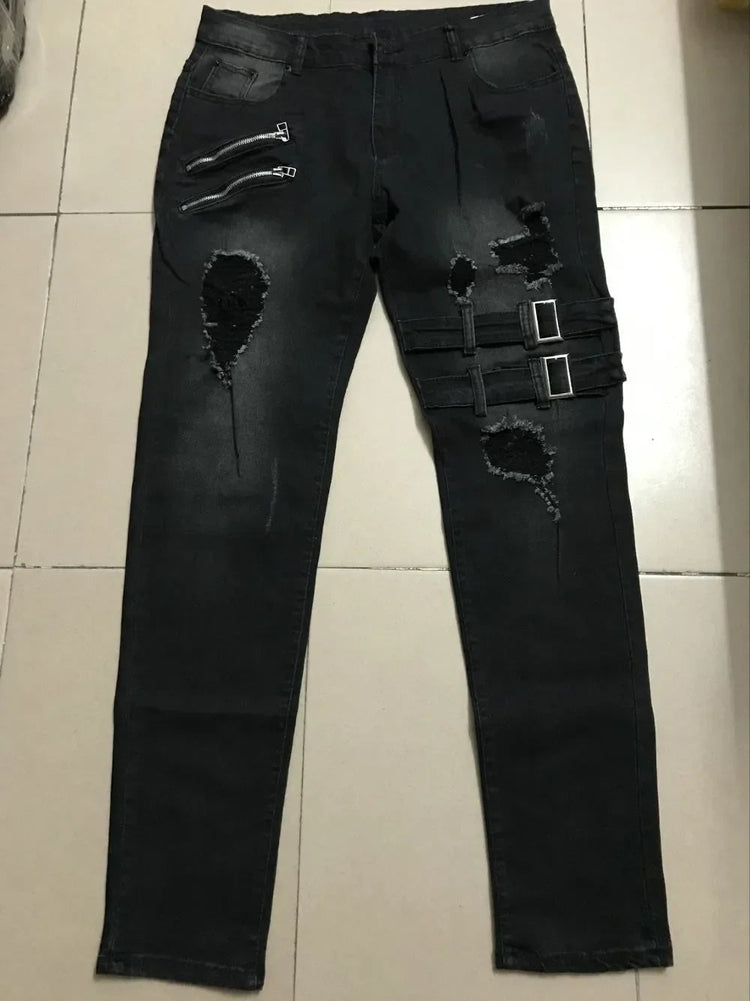 Zipper Decoration Slim Fit Biker Jeans Men Cotton Stretchy Ripped Skinny Jeans High Quality Hip Hop Black Oversize Denim Pants PlatiNum