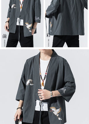 Camicie gru ricamate stile cinese retrò cotone lino Tang vestito Cardigan Mens tradizionale Kung Fu Tai Chi Casual Top camicette