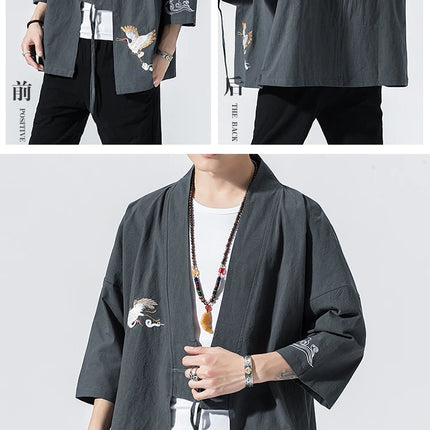 Camicie gru ricamate stile cinese retrò cotone lino Tang vestito Cardigan Mens tradizionale Kung Fu Tai Chi Casual Top camicette