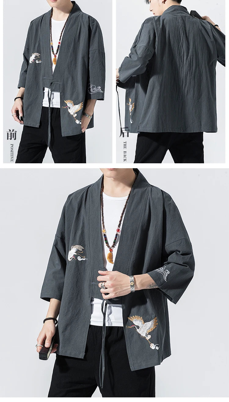 Camicie gru ricamate stile cinese retrò cotone lino Tang vestito Cardigan Mens tradizionale Kung Fu Tai Chi Casual Top camicette