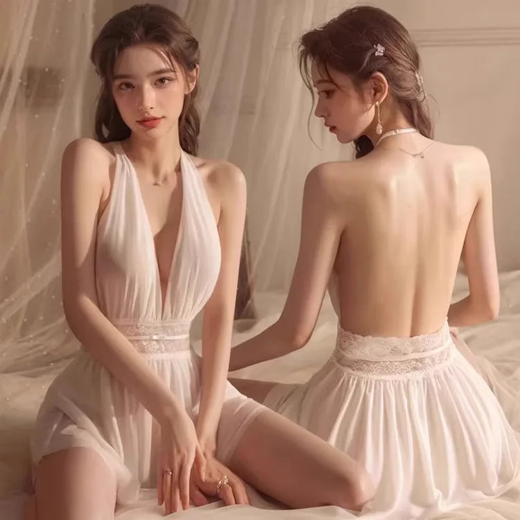 Sexy off-shoulder chiffon lingerie, deep V-neck backless dress, pajamas, uniforms, sheer nightgowns, temperament lingerie.