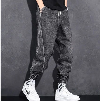 Loose Elastic Waist Denim Jeans for Men 2024 Fashion Casual Spring Workwear Foot-Tied Pants with Brand Workwear Baggy Trousers PlatiNum