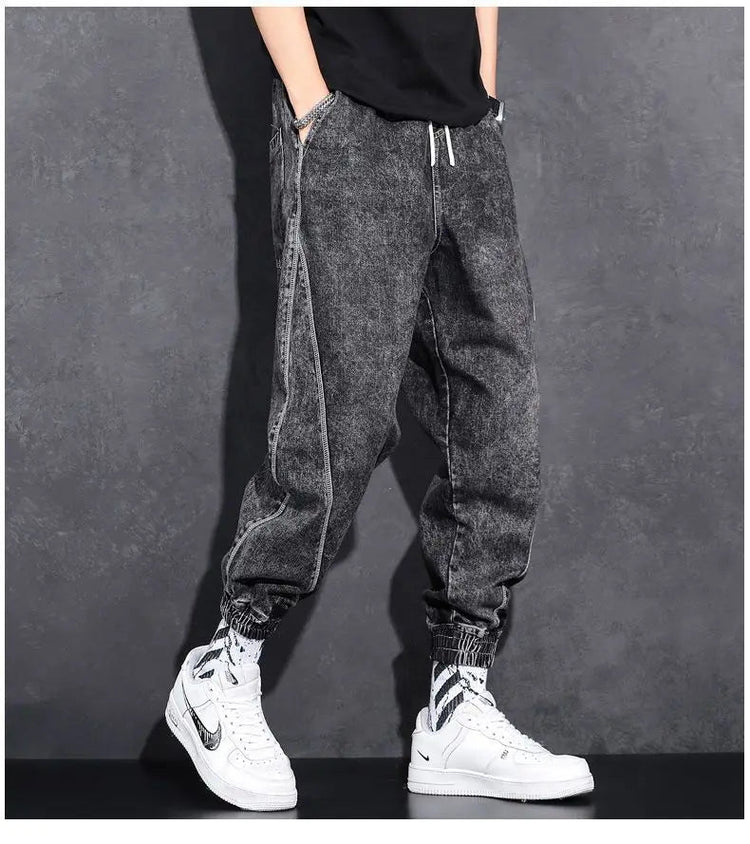 Loose Elastic Waist Denim Jeans for Men 2024 Fashion Casual Spring Workwear Foot-Tied Pants with Brand Workwear Baggy Trousers PlatiNum