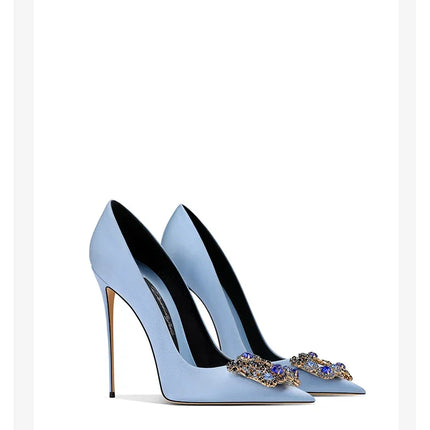 Nuove Scarpe da Donna Primavera-Autunno 2026, Tacchi Alti Blu con Punta Sottile, Strass e Fibbia Quadrata, Eleganti e alla Moda