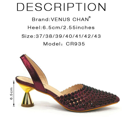 Venus Chan Pointed Toe Heels for Women 2023 Elegant Party Wine Color Full Diamond Pumps Italian Shoes and Bags Matching Set PlatiNum