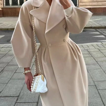 European American Retro Court Style Wool Coat, Long Length with Big Lapel & Lantern Sleeves, New Autumn Winter Outerwear