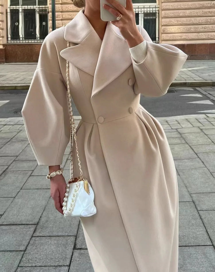 European American Retro Court Style Wool Coat, Long Length with Big Lapel & Lantern Sleeves, New Autumn Winter Outerwear
