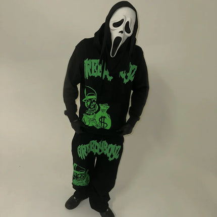 Street Hip Hop Style Money Skull Print Men Hoodie Set Black Bold Print Oversized Fashionable Versatile Hoodie Streetwear Fashion PlatiNum