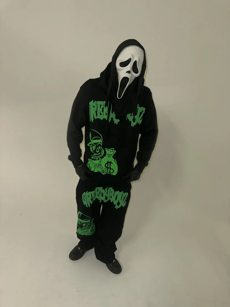 Street Hip Hop Style Money Skull Print Men Hoodie Set Black Bold Print Oversized Fashionable Versatile Hoodie Streetwear Fashion PlatiNum
