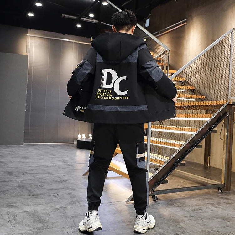 Men's Casual Sports Sets Spring Autumn Tracksuit Jogging Set Patchwork flight Hooded jacket pants two Piece
