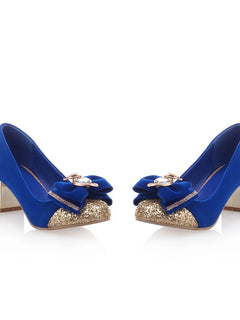 Scarpe décolleté da donna casual con tacco basso in cristallo blu di lusso Scarpe da festa di nozze con tacco nero rosa legato con fiocco dolce da donna