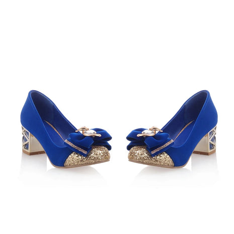 Scarpe décolleté da donna casual con tacco basso in cristallo blu di lusso Scarpe da festa di nozze con tacco nero rosa legato con fiocco dolce da donna