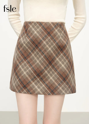 FSLE Autumn Party Skirt High Waist Retro Plaid Knit WoolShort Skirt For Women 2025 Fall Winter New Arrival Y2K Mini A-line Skirt PlatiNum