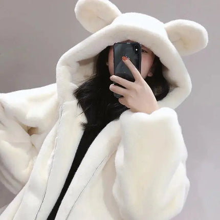 Cosy Loose Faux Fur Coat Womens Faux Fur Fuzzy Hooded Fluffy Ears Surcoat Overcoat Woman Winter Warm Outerwear Snowy Day Wrap