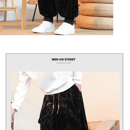 Pantaloni da uomo stile cinese retrò allentato drago scuro stampa pantaloni a gamba larga Kung Fu Tai Chi pantaloni casual tradizionali taglie forti 5XL