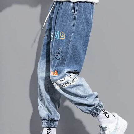 Men's Distressed Denim Pants Cuffed, Artistic Gradient Harem Jeans, Oversized Hip Hop Trousers for Spring Fall Versatile Outfits PlatiNum