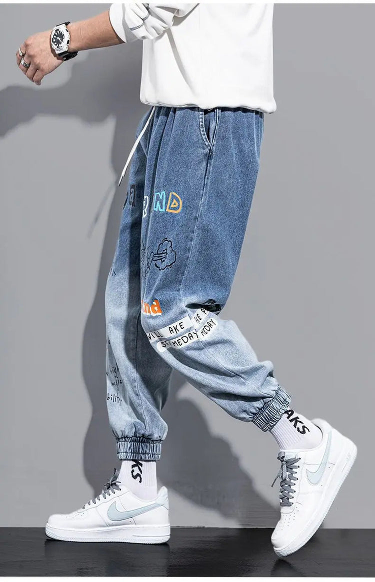Men's Distressed Denim Pants Cuffed, Artistic Gradient Harem Jeans, Oversized Hip Hop Trousers for Spring Fall Versatile Outfits PlatiNum