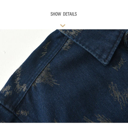 T795 Men's Long Sleeve Denim Casual Shirt for Autumn Winter Fashion Loose Relaxed Fit Vintage Flower Print Denim Jackets Male