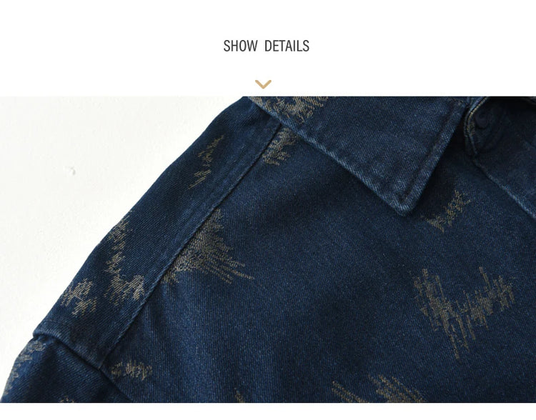 T795 Men's Long Sleeve Denim Casual Shirt for Autumn Winter Fashion Loose Relaxed Fit Vintage Flower Print Denim Jackets Male