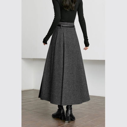 VIMLY Elegant Wool Blend Pleated Maxi Skirt for Women 2025 Winter High Waist Stereo Heavy Duty Skirt Office Lady Clothes M9173 PlatiNum