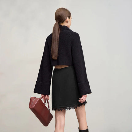 AMII Minimalist Mini Skirt 2025 Winter New Short Wool Warm Skirts For Women Patchwork Lace Casual Solid Clothing Ladies 12544125 PlatiNum