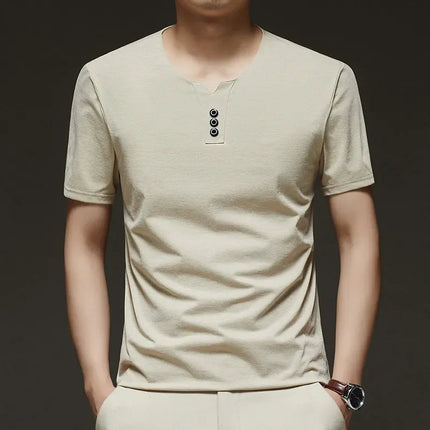 2025 New Men's Business Casual Three Button V-neck Short Sleeved T-shirt Korean Style Summer Comfortable Versatile Top PlatiNum