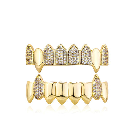 Hip Hop Full CZ Stone Teeth Grillz Caps Cubic Zircon Iced Out Micro Pave Top&Bottom Charm Grills for Men Women Punk Jewelry PlatiNum