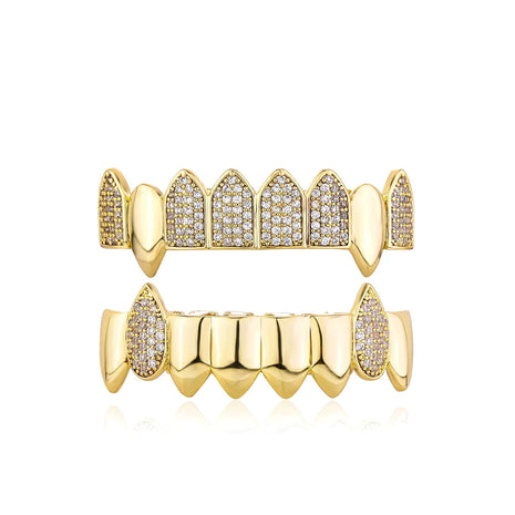 Hip Hop Full CZ Stone Teeth Grillz Caps Cubic Zircon Iced Out Micro Pave Top&Bottom Charm Grills for Men Women Punk Jewelry PlatiNum