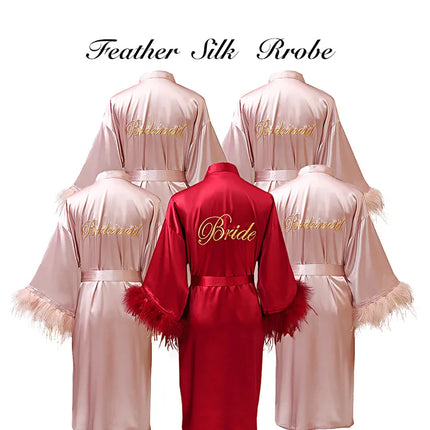 Donna piuma sposa damigella d'onore abito da sposa raso Kimono accappatoio abito da notte ricamo lettera camicia da notte scollo a v Lingerie