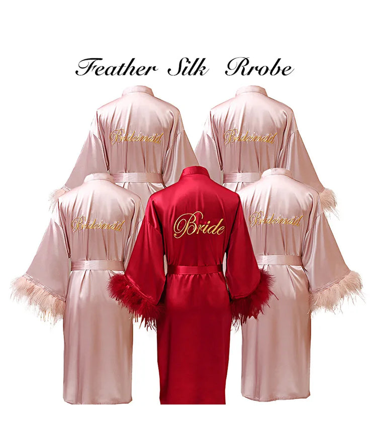Donna piuma sposa damigella d'onore abito da sposa raso Kimono accappatoio abito da notte ricamo lettera camicia da notte scollo a v Lingerie