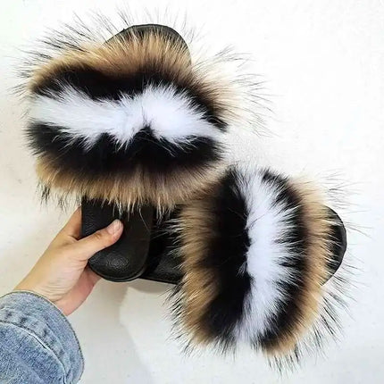 Real Raccoon Fur Slippers for Women 2023 Summer Fluffy Indoor Home Fuzzy Flat Slides Outdoor Fashion Beach Sandals Flip Flops