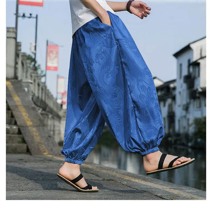 Vendite calde Pantaloni Da Uomo 2024 Nuovo Drago di Seta del Ghiaccio Fiore Scuro Bloomers Moda Allentata Gamba Larga Casual di Alta Qualità Pantaloni Maschili di Marca