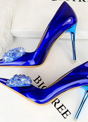 Donne 10.5cm tacchi alti in pelle lucida Drag Queen banchetto Dress Pumps Lady Luxury Crystal Bow Stiletto Blue Green Red Prom Shoes
