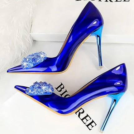 Donne 10.5cm tacchi alti in pelle lucida Drag Queen banchetto Dress Pumps Lady Luxury Crystal Bow Stiletto Blue Green Red Prom Shoes