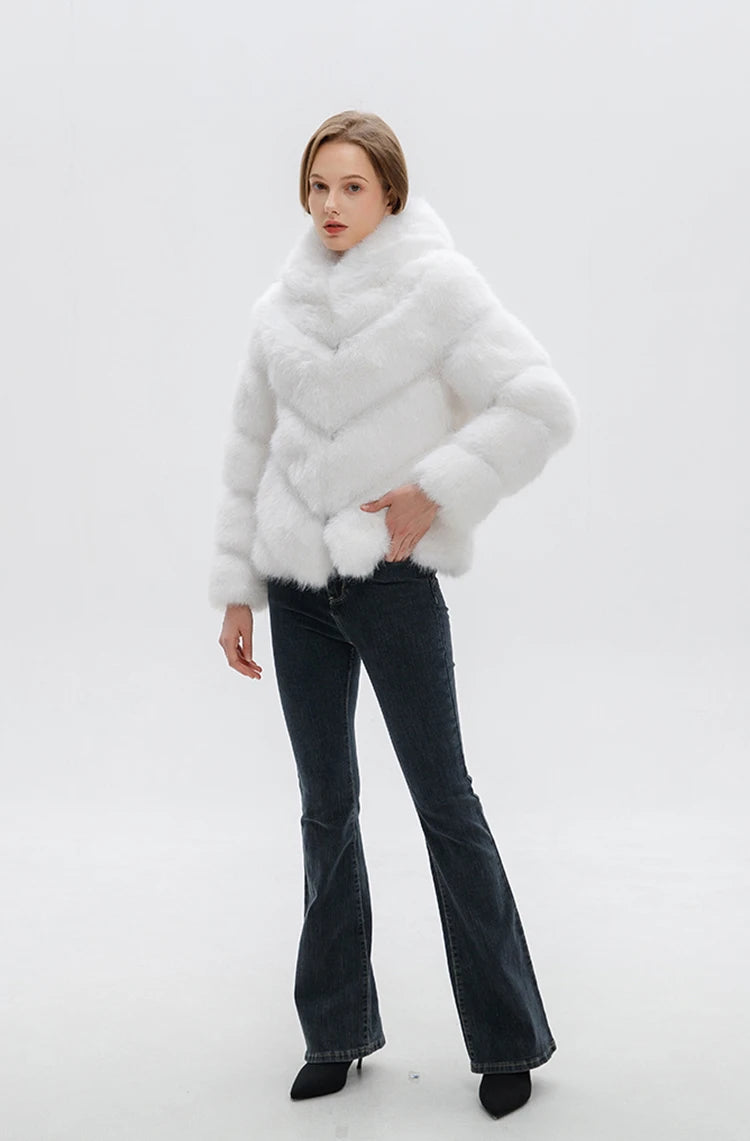 ZADORIN Fashion Hooded Splicing Fluffy Jacket Women Winter Long Sleeve White Faux Fur Coat Woman Clothing New in Coats & Jackets