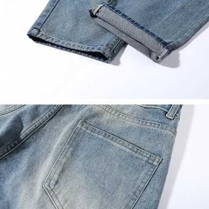 New vintage casual loose fit men's jeans with high street style straight leg denim pants for teenagers, torn knees and damaged PlatiNum