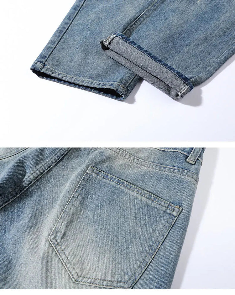 New vintage casual loose fit men's jeans with high street style straight leg denim pants for teenagers, torn knees and damaged PlatiNum
