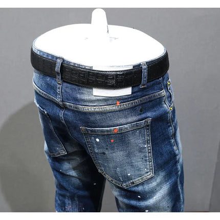 Fashion Designer Men Jeans Retro Blue Stretch Slim Fit Painted Ripped Jeans Men Korean Style Vintage Casual Denim Pants Hombre PlatiNum