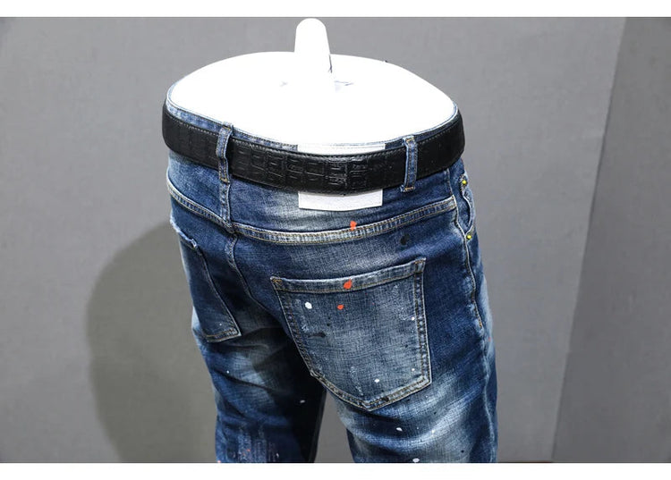 Fashion Designer Men Jeans Retro Blue Stretch Slim Fit Painted Ripped Jeans Men Korean Style Vintage Casual Denim Pants Hombre PlatiNum