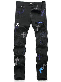 Men Crystal Cross Stretch Denim Jeans Holes Ripped Distressed Black Pants Embroidery Slim Tapered Trousers