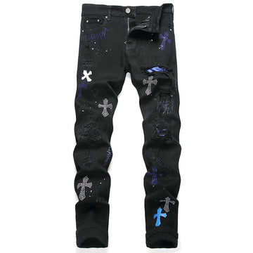 Men Crystal Cross Stretch Denim Jeans Holes Ripped Distressed Black Pants Embroidery Slim Tapered Trousers