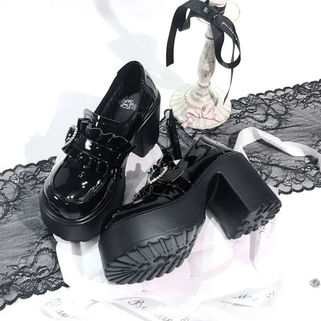 Sweet Heart-Shaped Buckle Lolita High Heels Pump Shoes for Women Y2k PU Leather Waterproof Platform Mary Janes Shoes PlatiNum