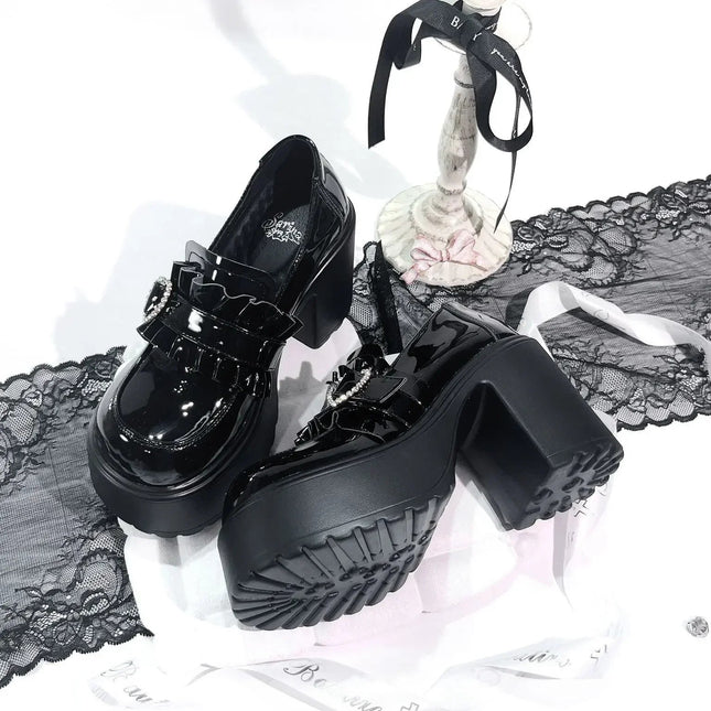 Sweet Heart-Shaped Buckle Lolita High Heels Pump Shoes for Women Y2k PU Leather Waterproof Platform Mary Janes Shoes PlatiNum