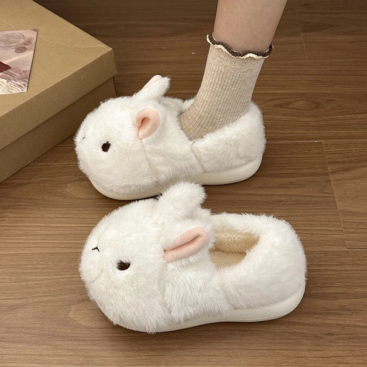 New Cute 3D Rabbit Furry Slippers Women Winter Warm Plush Closed Back House Shoes Non Slip Bunny Indoor Flip Flops Home Slipper